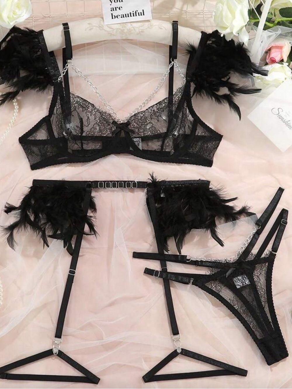 Black Lace Feather Trim Lingerie Set - Women's Intimates